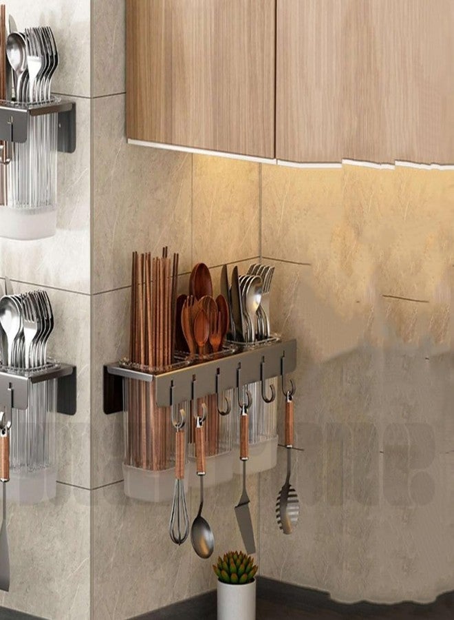 Marrone Plastic Wall Mounted Kitchen Organizer Cutlery Holder Multipurpose Chopsticks drainer Rack Spoon Stand Utensil Shelf for Kitchen with Drip Tray (3 Container) - Image 1